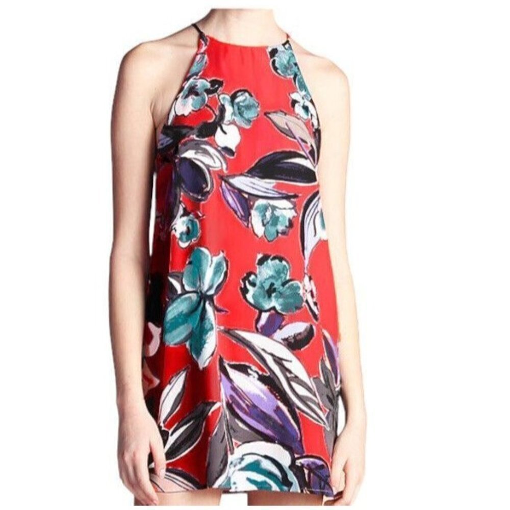 Tyche Peony Red Blue Floral High Neck Halter Style Shift Mini Dress Size Medium